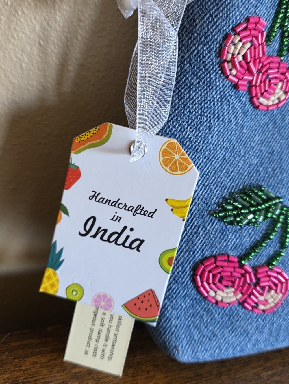 HANDMADE IN INDIA BLUE DENIM BEADED CLUTCH BAG W/ BAG CHARM *CHERRIES* NEW - Picture 9 of 16